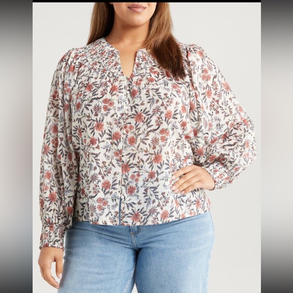 Treasure & Bond Tops - Treasure & Bond Print Smocked Yoke Button-Up Shirt, IVORY- PINK FLEURETTE, 1X/2X